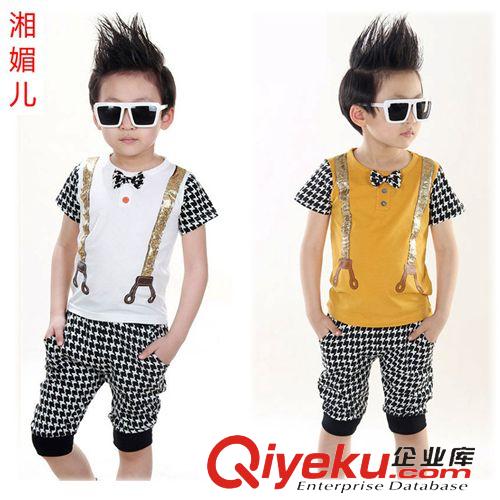 2015夏季童裝 批發(fā) 夏季童裝男童套裝韓版格子拼色短袖兩件套運動套裝66014原始圖片2