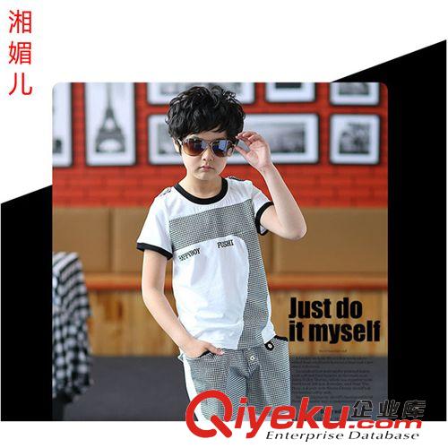 2015夏季童裝 批發 夏季新款男童套裝韓版童裝字母格子拼色短袖運動套裝66030原始圖片2