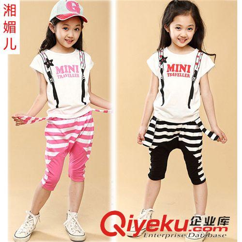 2015夏季童裝 夏季新款女童套裝韓版童裝兩件套條紋字母短袖運(yùn)動套裝66025批發(fā)原始圖片2
