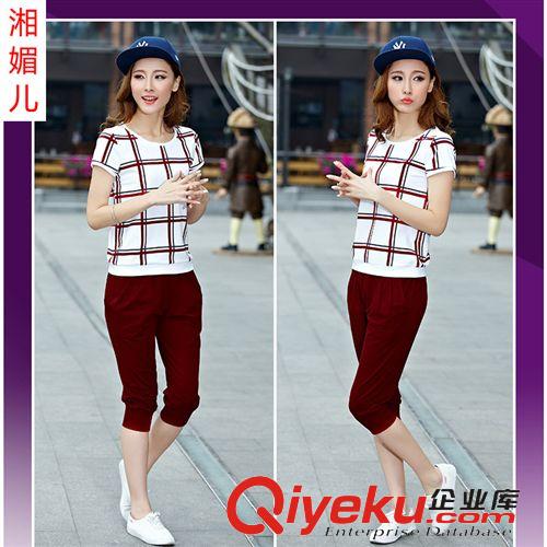 2015夏季套裝 T恤 短褲 批發 夏季韓版女裝格子撞色圓領短袖女士休閑裝運動套裝88110原始圖片3