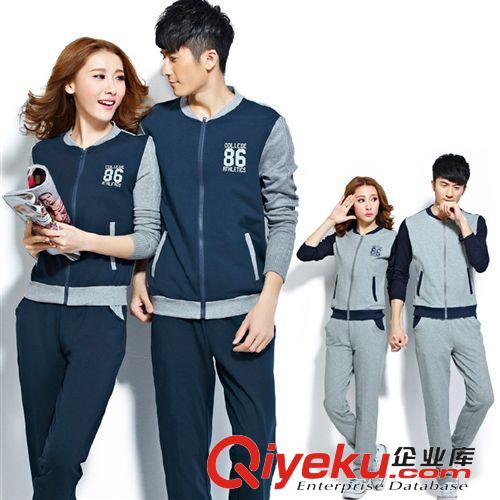 2015春季情侶套裝 女裝 批發 春秋季男女休閑裝韓版時尚拼色立領情侶運動套裝1084 班服原始圖片2