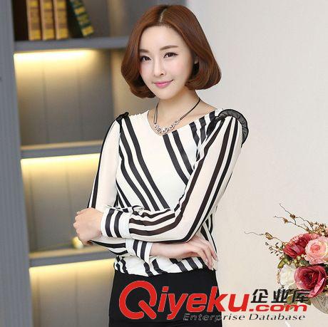 春夏爆款分類 2015夏季新款 時(shí)尚V領(lǐng)條紋雪紡衫女長袖寬松雪紡上衣小衫潮原始圖片2