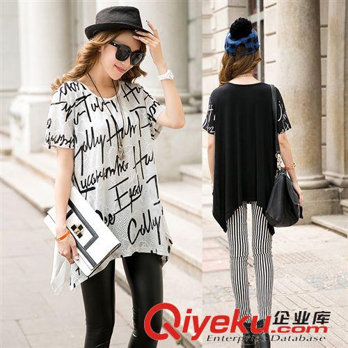 2015年4月新款 2015夏季現(xiàn)貨新款大碼女裝個(gè)性中長款休閑打底衫 短袖寬松T恤原始圖片3