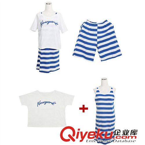 新品速遞 2015新款夏季情侶裝韓版沙灘裝女短袖長款裙子 男條紋套裝 599B原始圖片3