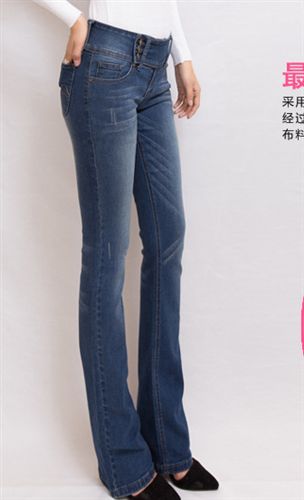 牛仔褲 新品復古女式中腰微喇牛仔長褲收腰修身提臀顯瘦喇叭褲原始圖片2