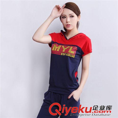 女式精品爆款專區(qū) 2015新款夏季時尚女裝兩件套運動服女 連帽衛(wèi)衣短袖運動套裝女款原始圖片2
