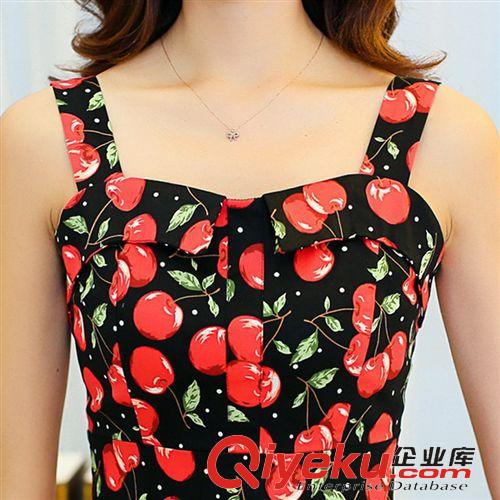 5月新款 2015夏裝新品櫻桃印花A字裙擺吊帶裙露背連衣裙 女原始圖片2