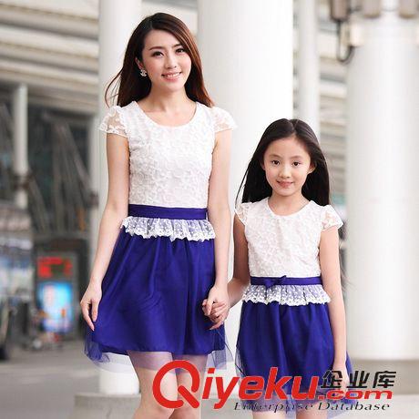 2015親子裝新品 親子裝夏裝沙灘親子裝夏全家裝三口時(shí)尚母女裝蕾絲連衣裙