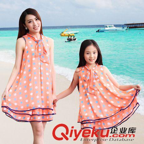 2015親子裝新品 親子裝夏裝波點雪紡韓版無袖母女親子裝夏裝沙灘連衣裙