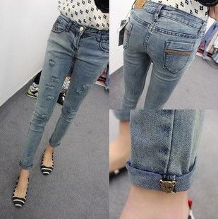 牛仔系列 夏裝新款 水洗破洞卷邊九分牛仔褲 潮女款牛仔褲 女