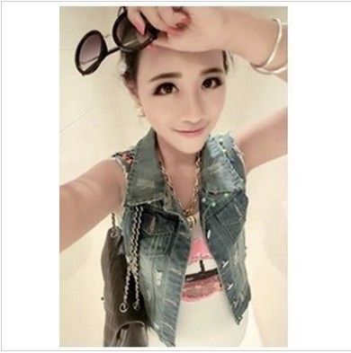 女式馬甲背心 馬夾彩色釘釘磨破洗水牛仔 女人味韓版