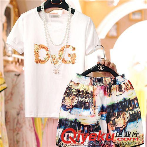 【5月新款】 歐洲站2015歐美夏裝女裝新款 DGT恤印花上衣花色短裙短袖套裝原始圖片3