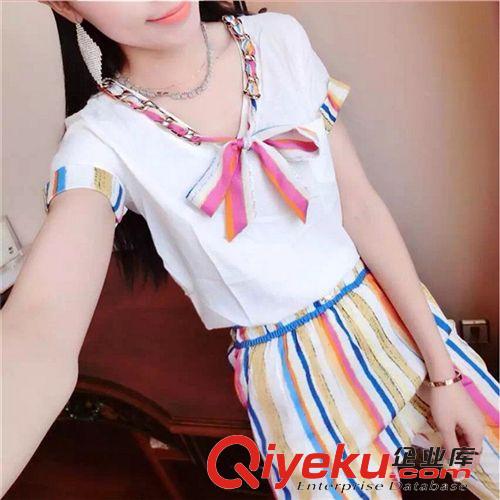 【套裝】 2015夏裝女裝歐洲站金屬鏈條蝴蝶結雪紡上衣+棉麻七彩七分褲套裝原始圖片3