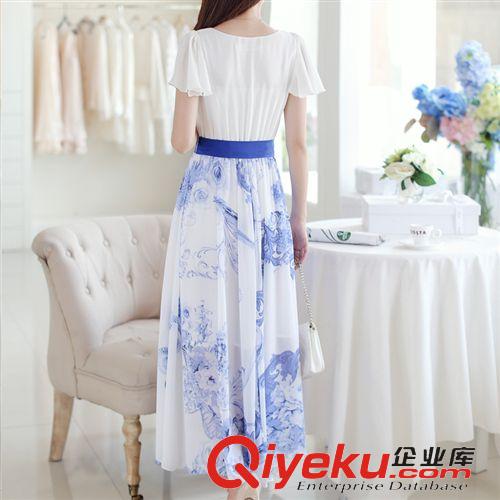 速賣通貨源 2015新款女裝春夏圓領(lǐng)顯瘦青花瓷中國風(fēng)大擺長款雪紡連衣裙沙灘裙原始圖片3
