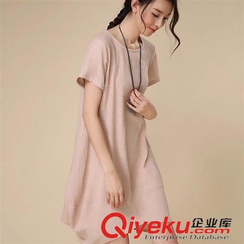 棉麻系列 2015年夏裝新款大碼女裝休閑寬松大擺棉麻短袖連衣裙原始圖片3