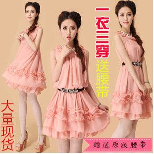 每周新款 夏季女甜美清純雪紡連衣裙韓版休閑寬松唯美淑女無(wú)袖公主裙原始圖片2
