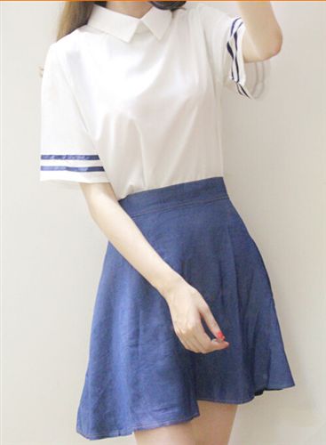 套裝 海軍風(fēng)水手服套裝女裝 上衣+裙子兩件套夏女原始圖片3