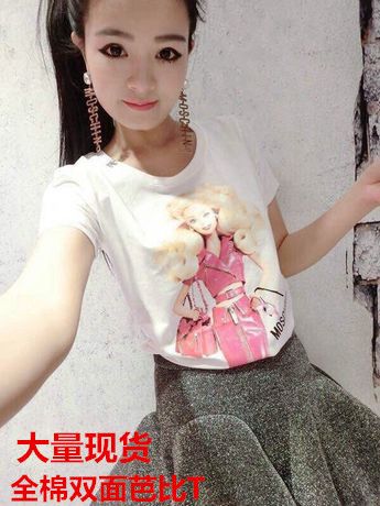 4月新款第三波 2015新款歐美卡通圖案芭比娃娃時尚百搭短袖棉質T恤 前后花印原始圖片2