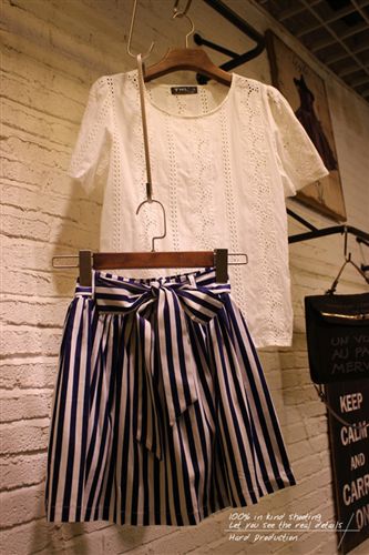 4月{zx1}主打爆款 2015東大門代購夏季新品 鏤空短袖條紋修身短裙蓬蓬裙套裝女