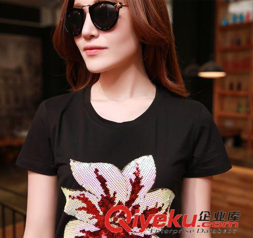 西西小可同款夏裝 2015夏季時(shí)尚新品女裝重工亮片花朵直筒顯瘦百搭款T恤女{dj2}定制