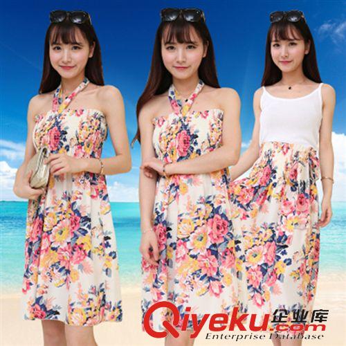 5月{zx1}優惠區域 2015夏季時尚新款波西米亞花色抹胸掛脖百搭兩穿修身連衣裙女裝