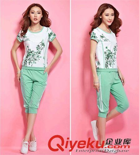 超惠爆款推薦 2015新款夏季韓版女裝二件套印花休閑運(yùn)動套裝一件代發(fā)原始圖片3