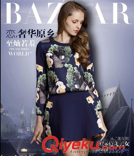 套裝系列 春裝新款楊冪同款小松鼠時尚印花長袖T恤+休閑半身裙女套裝原始圖片2