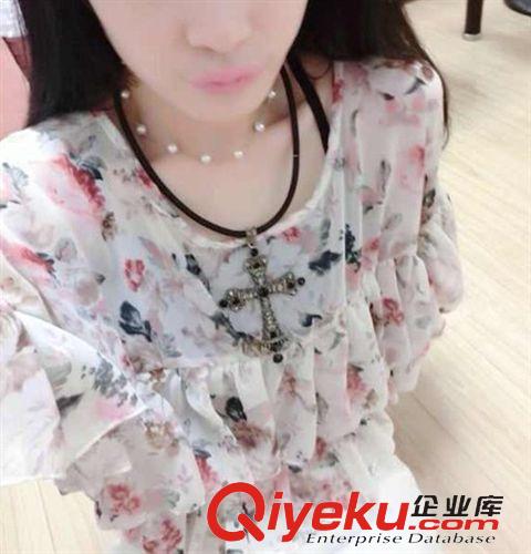 韓版蕾絲衫，雪紡衫 2015夏季新款韓版甜美百搭層層荷葉蛋糕波點(diǎn)娃娃雪紡衫女原始圖片3