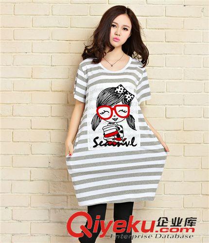 大碼女T恤女裝 （好質(zhì)量） 2015夏季新款韓版寬松大碼條紋眼鏡女孩4色T恤原始圖片2
