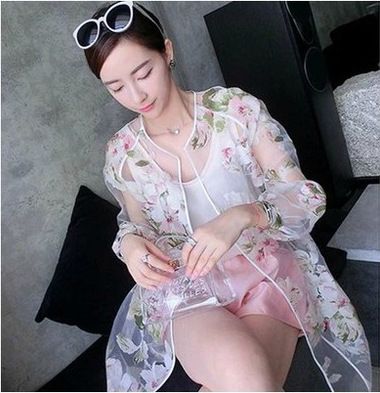 防曬衫 2015夏季防曬衣長(zhǎng)袖防紫外線女開衫中長(zhǎng)款防曬服透明薄款外套女原始圖片2