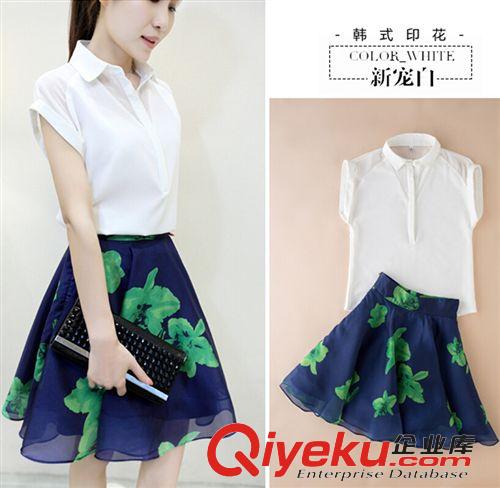 四月新款 批發包郵2015春夏新品歐洲站女裝修身名媛套裝襯衫印花短裙兩件套原始圖片3