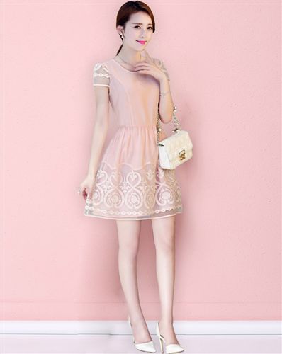 連衣裙 2015夏季新品歐根紗短袖顯瘦包肩收腰淑女連衣裙子女裝短裙a字型原始圖片3