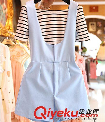 女式休閑套裝 2015春夏歐洲站復古一字露肩條紋短袖T恤清新連體短褲兩件套裝原始圖片3