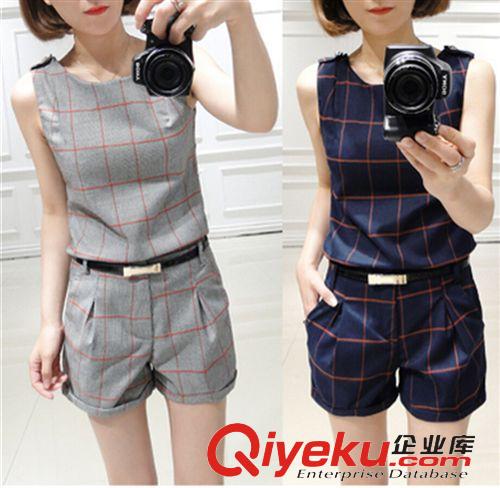 備貨來的 批發(fā)價(jià) 2015夏季女裝新款名媛小香風(fēng)修身顯瘦格子上衣+短褲套裝