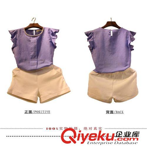 韓國東大門代購 2015夏季新款歐美氣質棉麻飛袖上衣高腰短褲兩件套裝廠家直銷原始圖片2