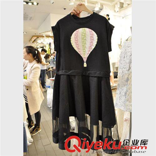 韓國東大門代購 2015夏季韓版短袖氣球裙女釘珠網(wǎng)紗拼接連衣裙潮一件代發(fā)原始圖片2