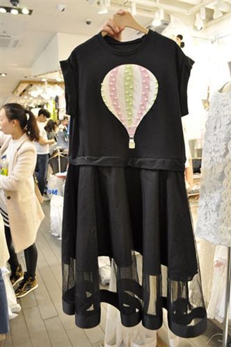 韓國東大門代購 2015夏季韓版短袖氣球裙女釘珠網(wǎng)紗拼接連衣裙潮一件代發(fā)原始圖片3