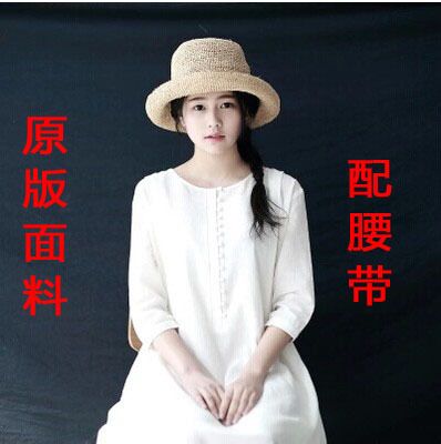森女/日韓 2015春季新款新款文藝氣質七分袖插袋棉麻寬松連衣裙（配腰帶）