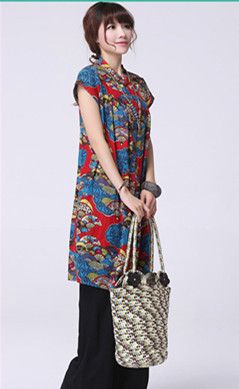 大碼女裝 現(xiàn)貨 民族風(fēng)女裝大碼中長款花襯衫 短袖棉麻襯衣原始圖片3