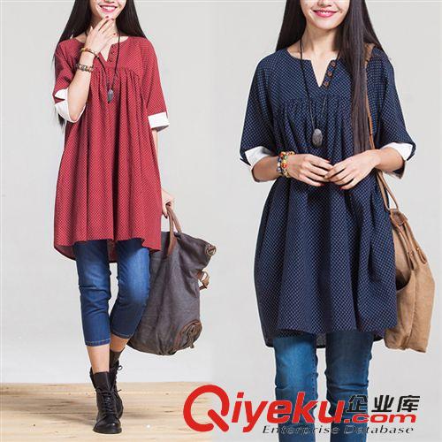 大碼女裝 現(xiàn)貨 民族風(fēng)女裝大碼中長款花襯衫 短袖棉麻襯衣