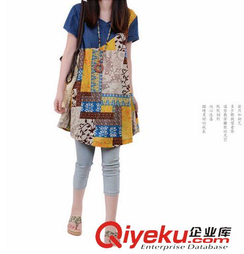 大碼女裝 #2015年夏季新品寬松大碼牛仔拼接民族風短袖連衣裙原始圖片3