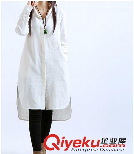 大碼女裝 2015春裝新款韓版大碼女裝中長款襯衫裙 開叉長袍棉麻長袖連衣裙