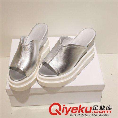 夏日涼拖 歐洲站明星款牛皮厚底高跟坡跟鞋 魚嘴銀白2色清新時裝女鞋懶人鞋