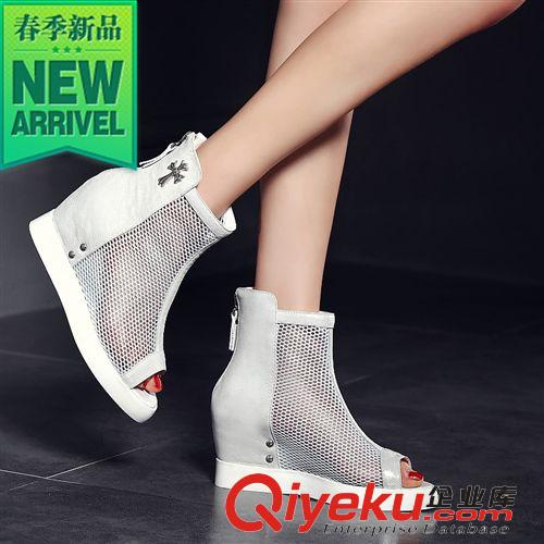 其他女鞋 時(shí)尚魚嘴羊皮網(wǎng)靴 尖頭后拉鏈包跟坡跟鞋 2015春夏新款日常女鞋原始圖片3