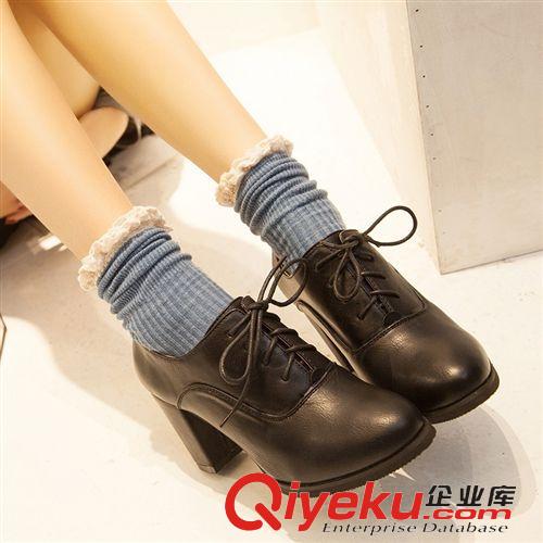 15年1月{dy}波新品 2015春季新款歐美復古系帶尖頭高跟粗跟單鞋韓版OL四季高跟鞋批發原始圖片2