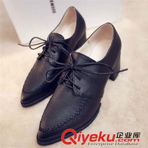 15年1月第二波新品 2015春新款歐美英倫復(fù)古尖頭系帶中跟粗跟小皮鞋韓版休閑女鞋批發(fā)原始圖片2