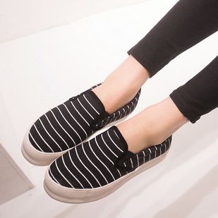 15年3月11——3月20日新品 2015春季新款歐美潮一腳蹬懶人鞋厚底松糕低幫條紋韓版休閑帆布鞋原始圖片2
