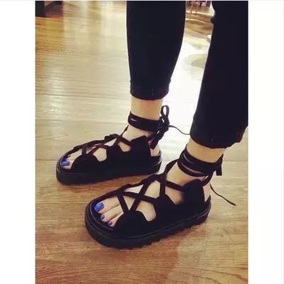 4月1日——4月5日新品 2015春夏新歐美潮時尚黑色交叉綁帶松糕厚底羅馬風韓版女涼鞋批發原始圖片3