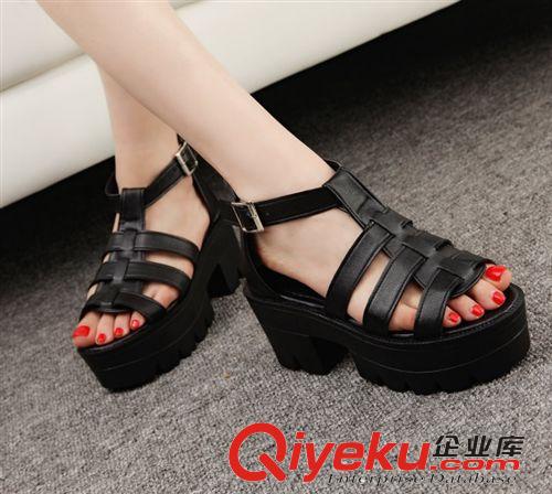 4月13—4月20日新品 2015夏季新款歐美簡約時尚魚嘴高跟粗跟搭扣羅馬涼鞋韓版女鞋批發