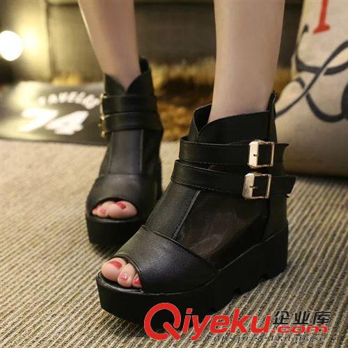 4月26—4月30日新品 2015春秋新款歐美厚底坡跟魚嘴靴幫防水臺底網(wǎng)紗皮帶扣女涼鞋批發(fā)原始圖片2